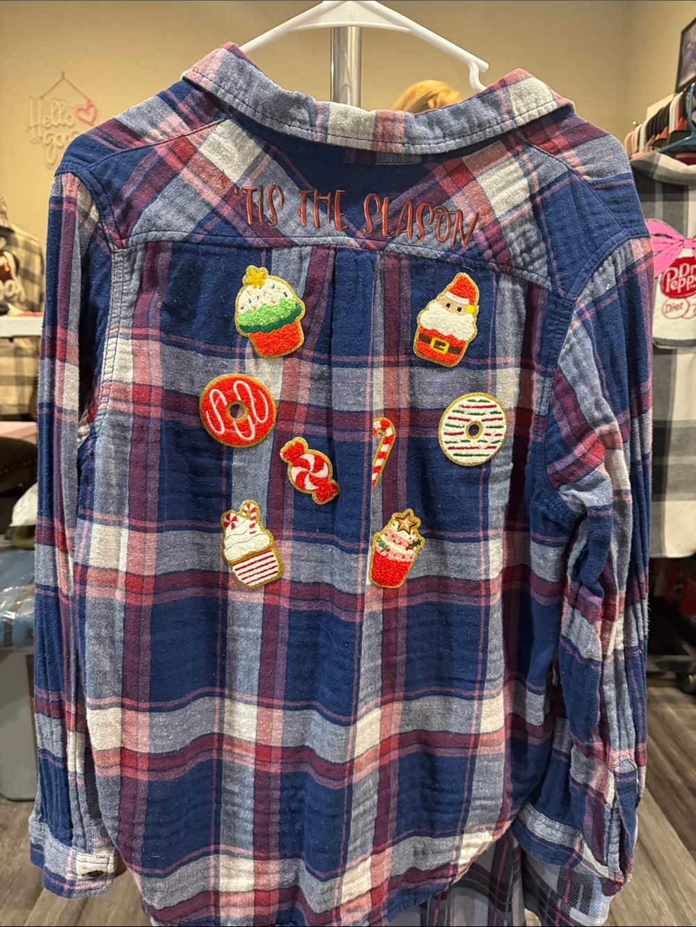 Vanilla Star Navy Pink White Plaid 'Tis The Season Patchwork Shirt
